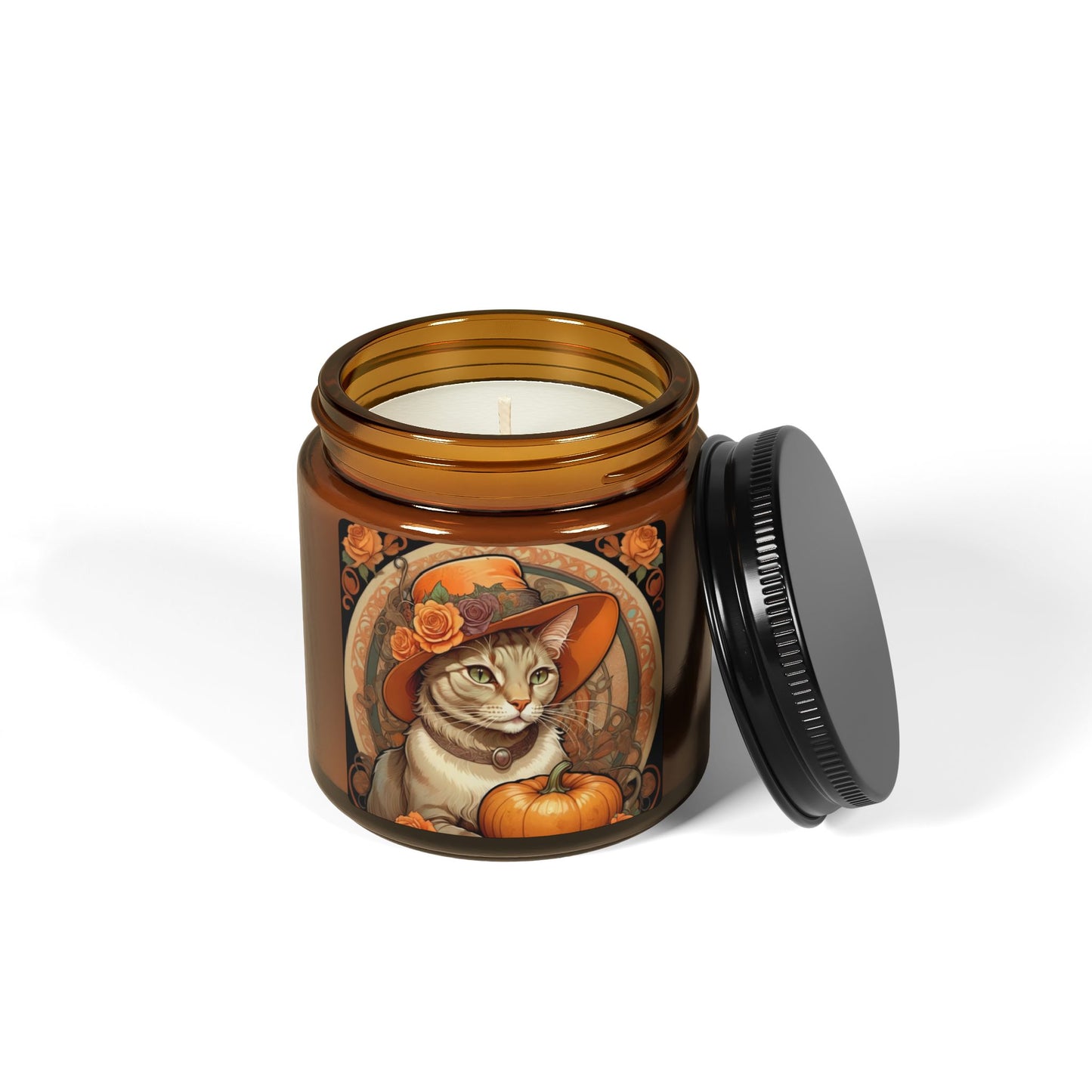 Halloween Alphonse Mucha Cat Scented Soy Candle (Amber Jar)