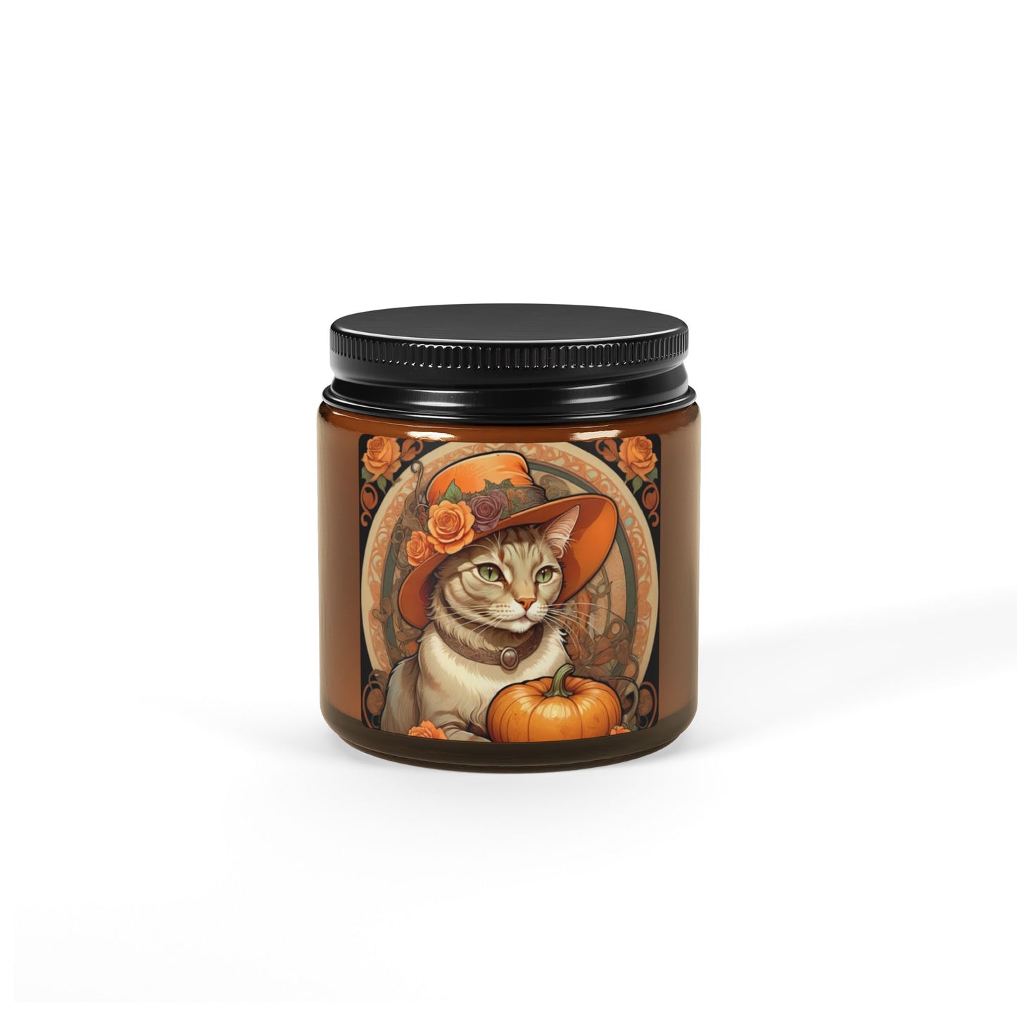 Halloween Alphonse Mucha Cat Scented Soy Candle (Amber Jar)