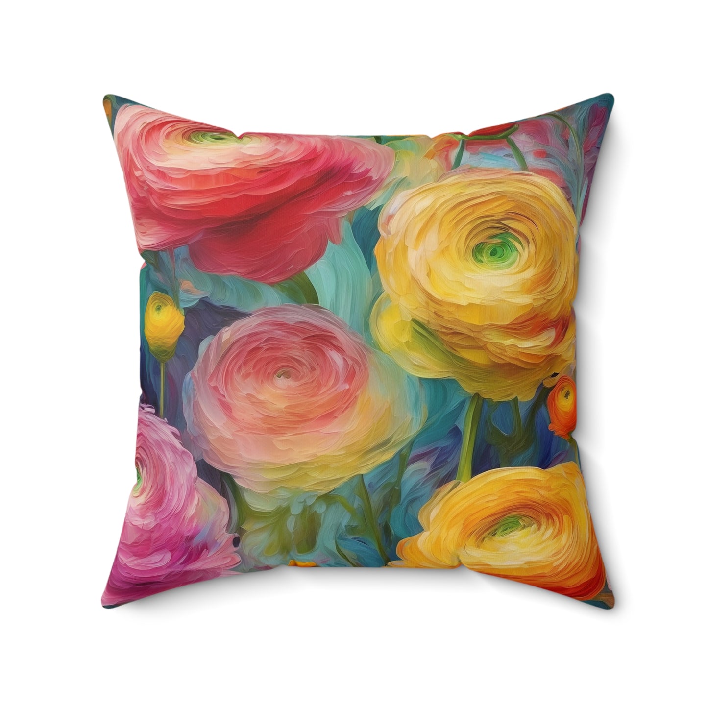 Claude Monet inspired Colorful Ranunculus Square Pillow