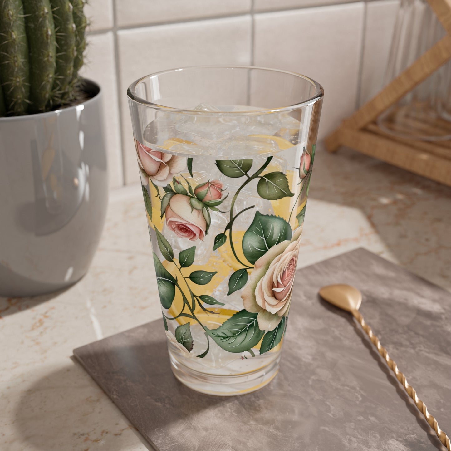 Watercolor Roses Mixing Glass, 16oz