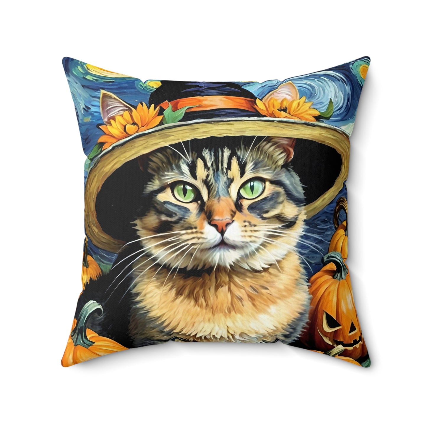 Halloween Van Gogh-Inspired Cat Square Pillow