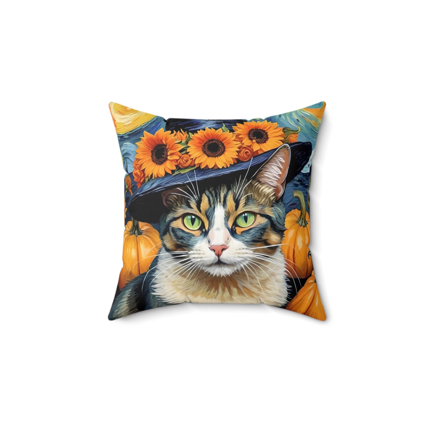 Halloween Van Gogh-Inspired Cat Square Pillow