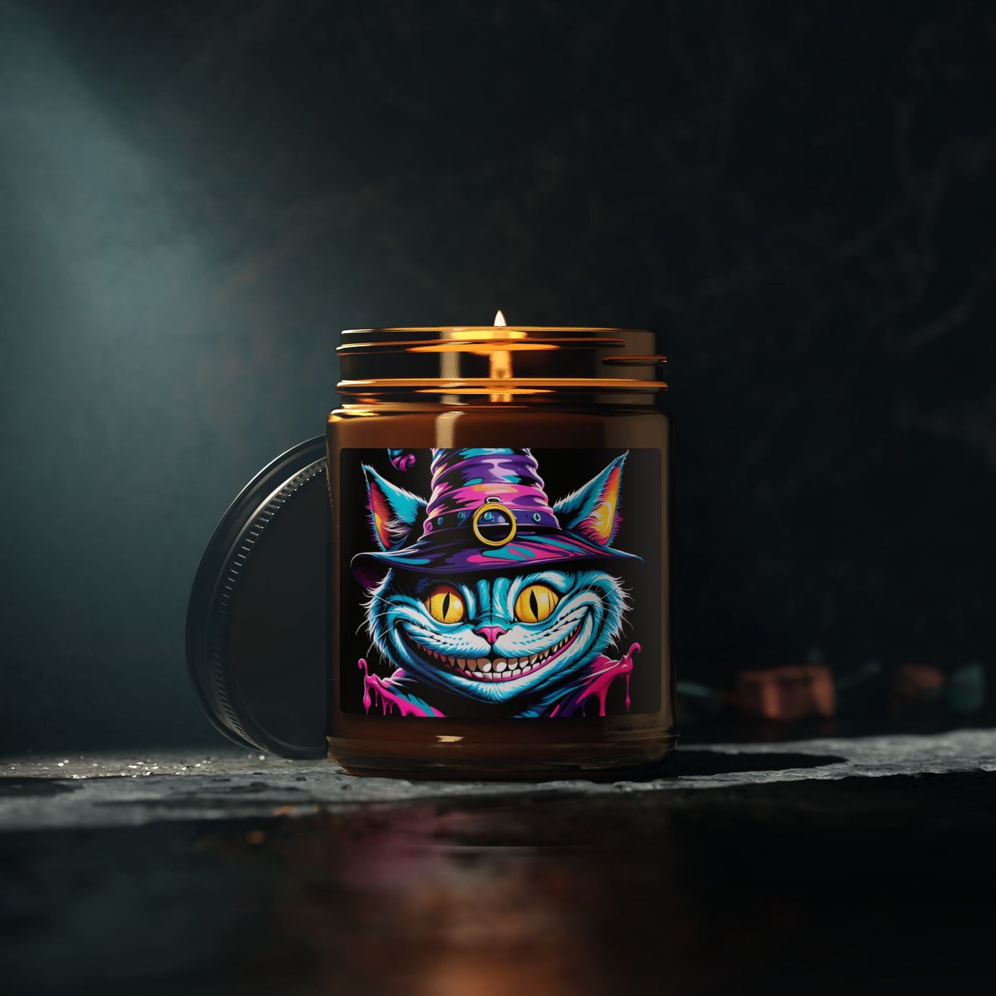 Halloween Cheshire Cat Scented Soy Candle (Amber Jar)