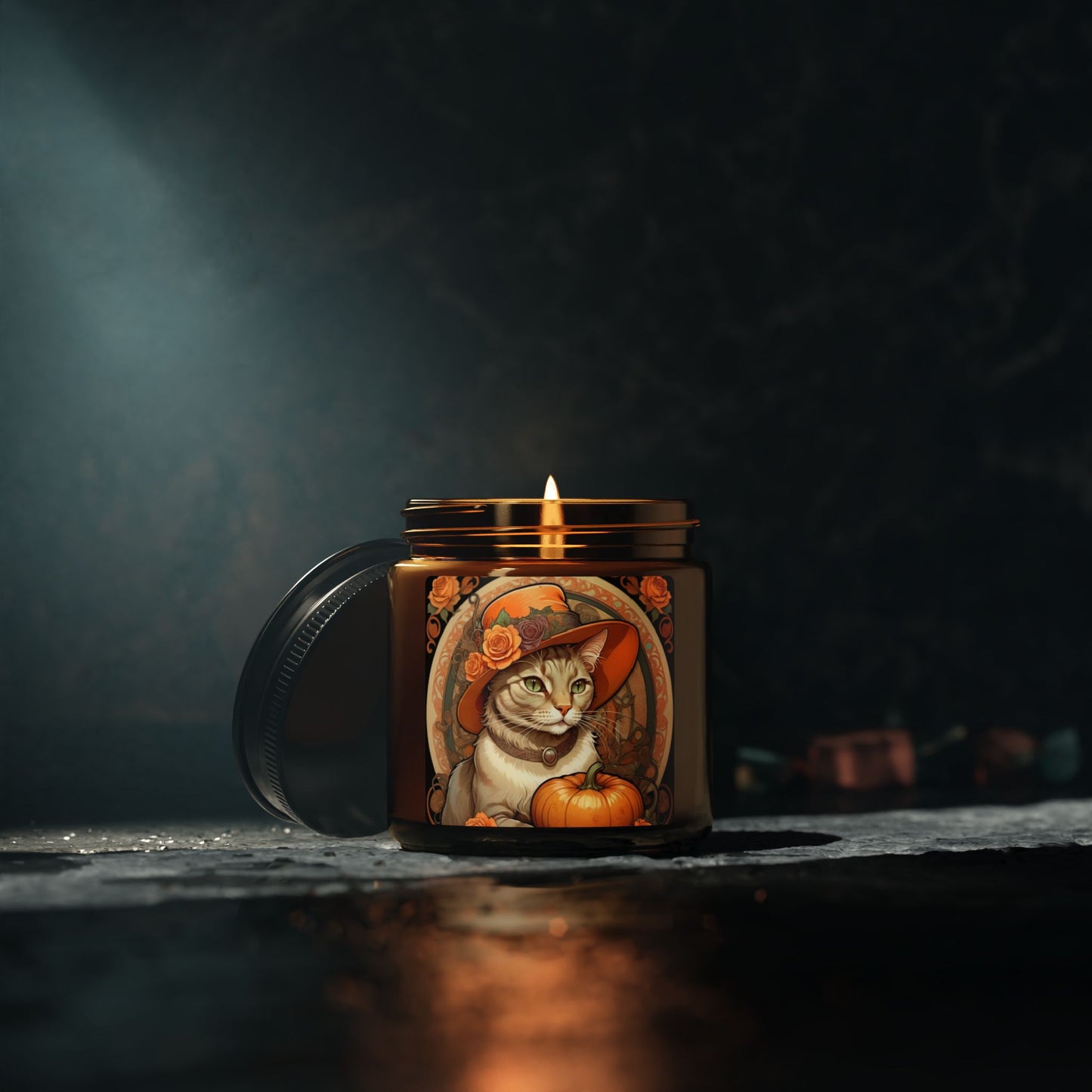 Halloween Alphonse Mucha Cat Scented Soy Candle (Amber Jar)