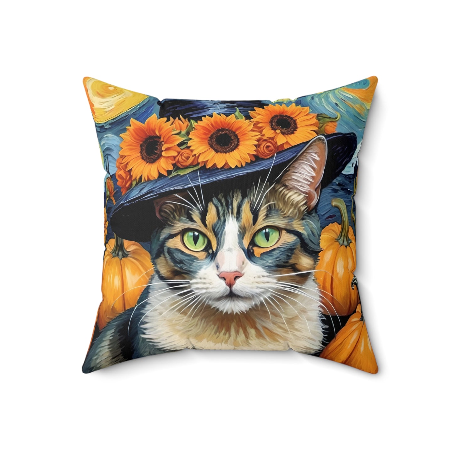 Halloween Van Gogh-Inspired Cat Square Pillow