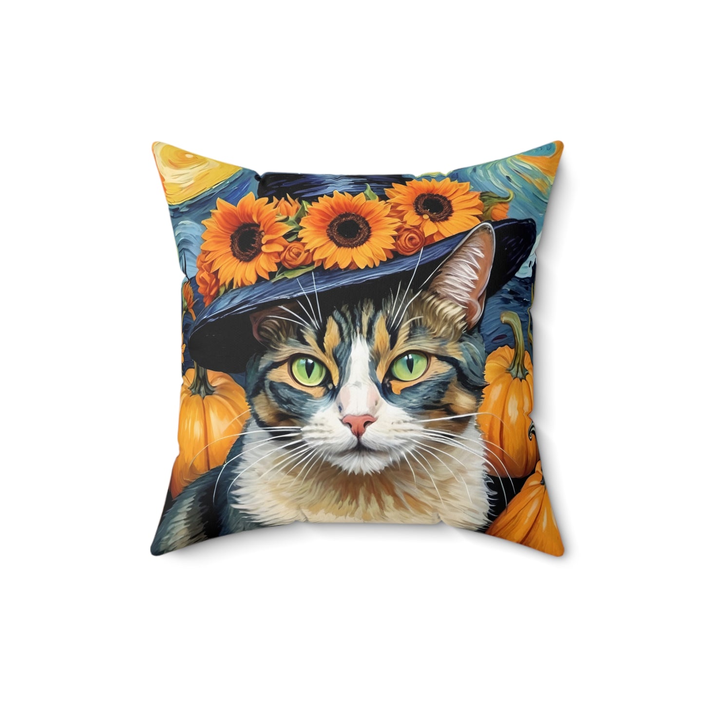 Halloween Van Gogh-Inspired Cat Square Pillow