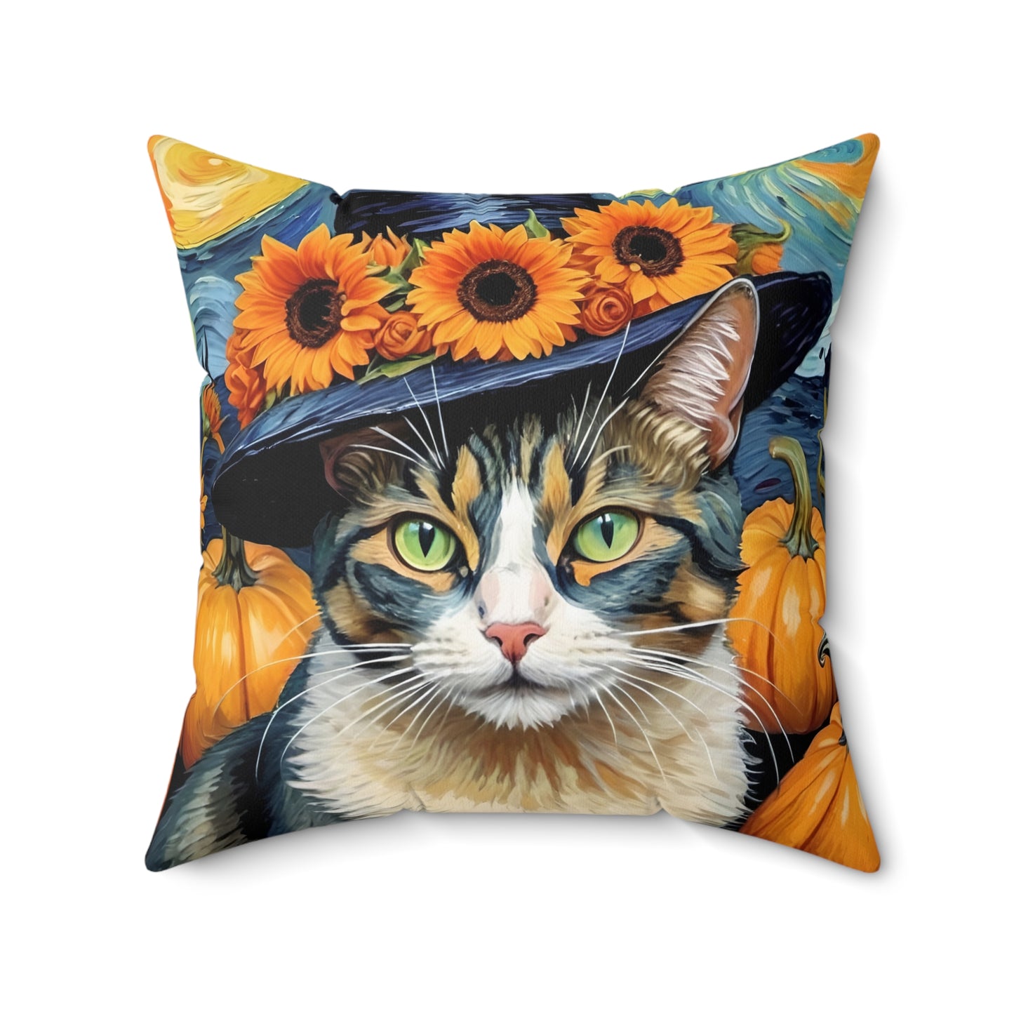 Halloween Van Gogh-Inspired Cat Square Pillow