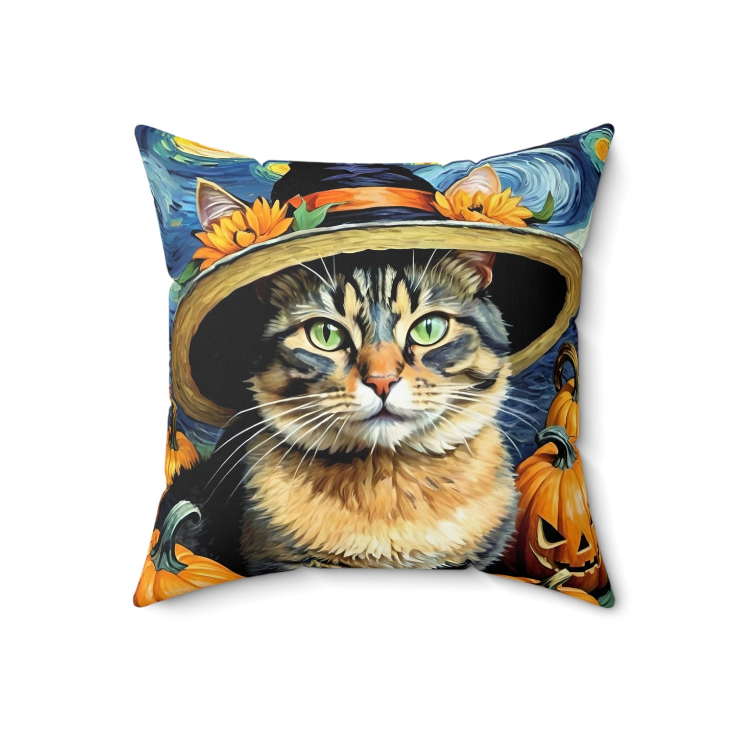 Halloween Van Gogh-Inspired Cat Square Pillow