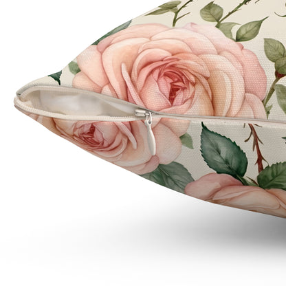 Watercolor Blooming Garden Roses Square Pillow