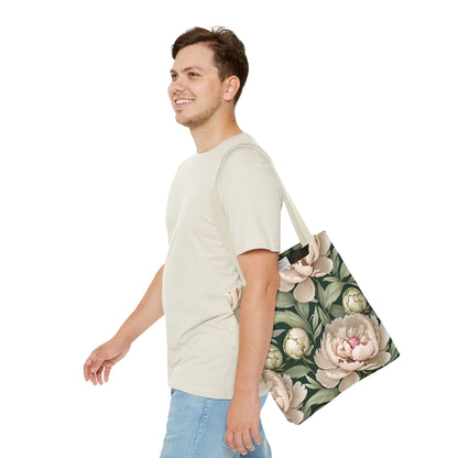 Large Watercolor Peonies on Green Background Tote Bag