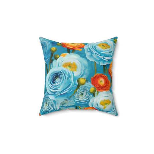 Claude Monet inspired Light Blue Ranunculus Square Pillow