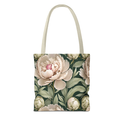 Large Watercolor Peonies on Green Background Tote Bag