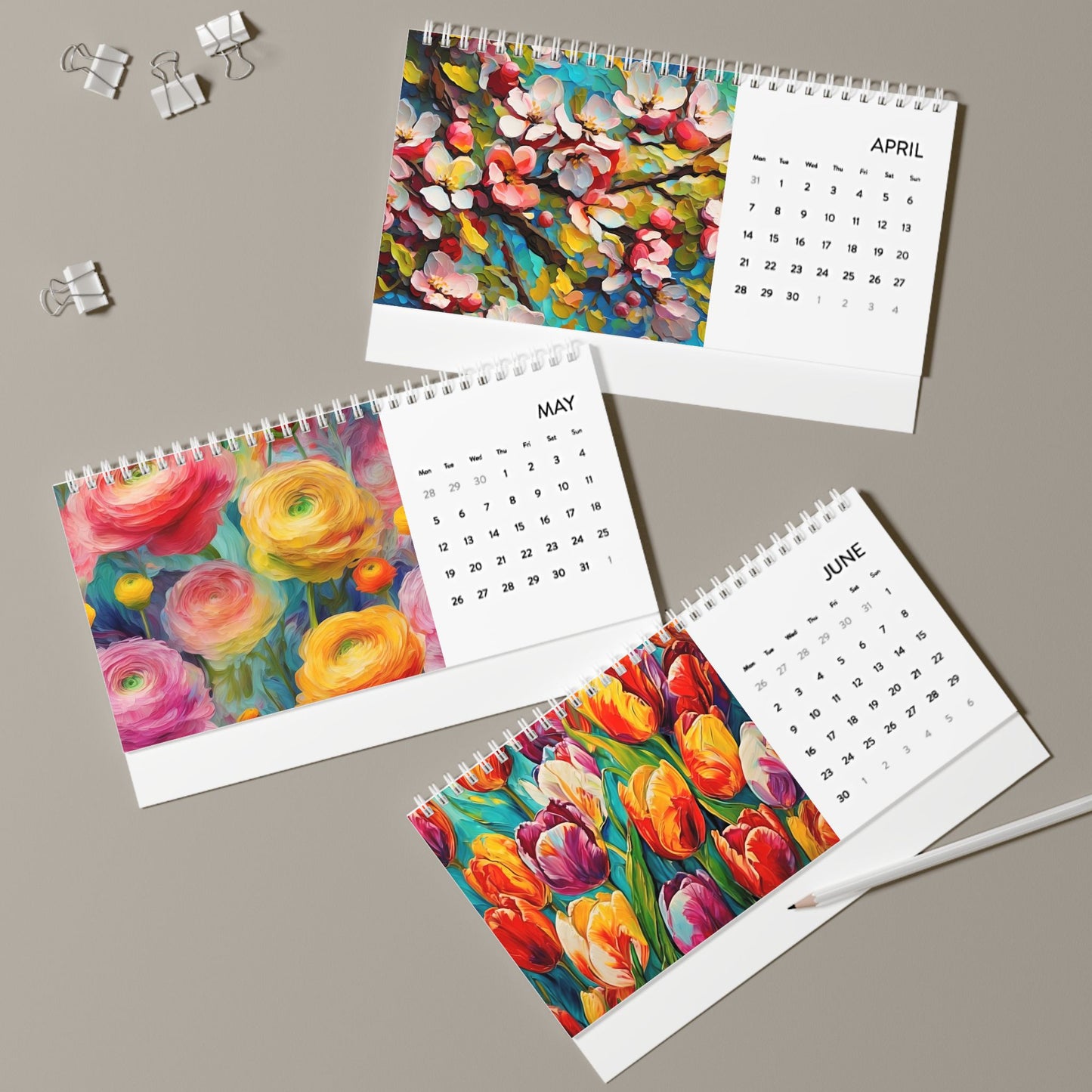 Vincent Van Gogh and Claude Monet inspired Floral Desk Calendar (2025 grid)