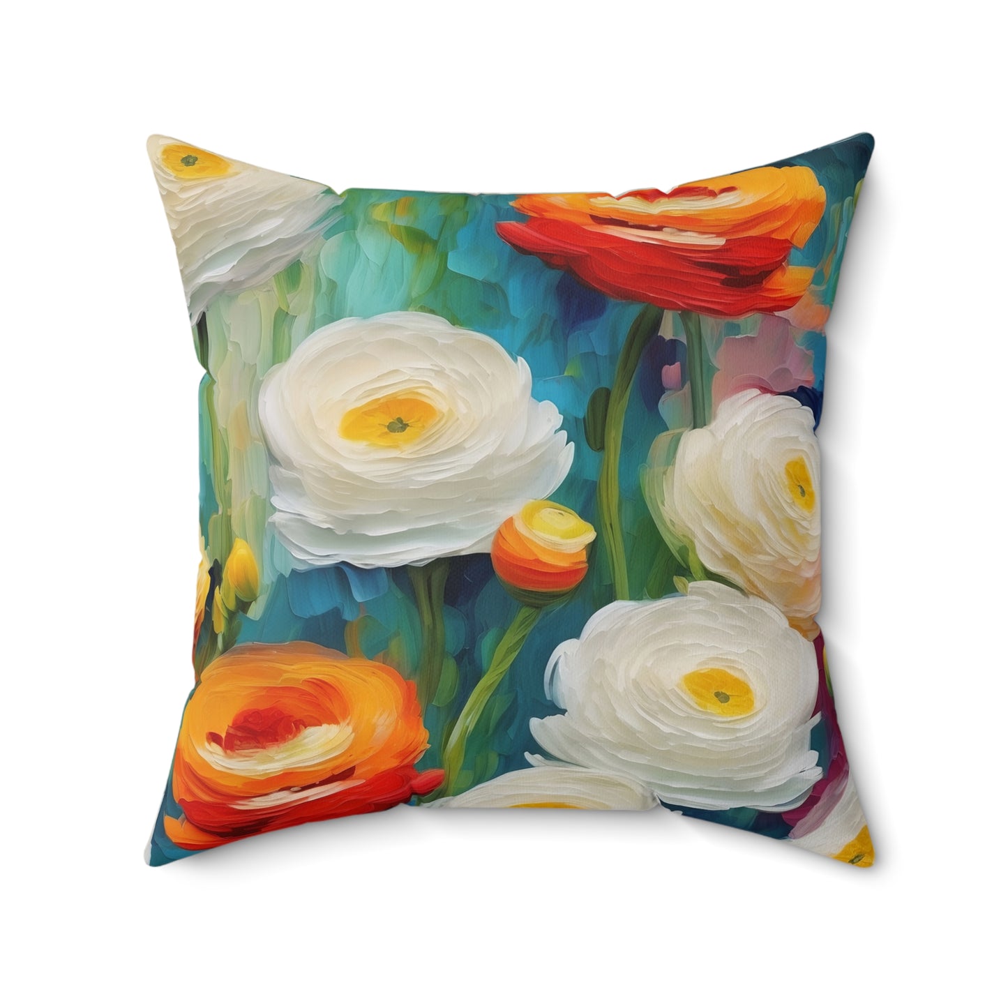 Claude Monet inspired White and Orange Ranunculus Square Pillow