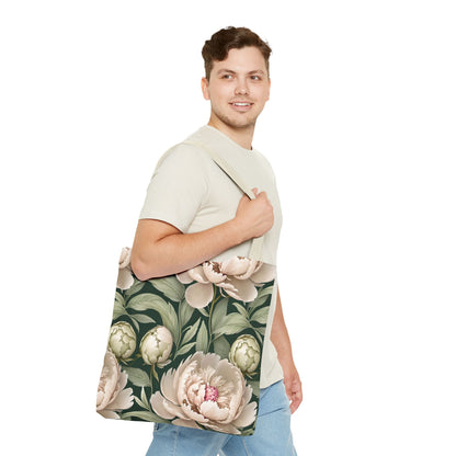 Large Watercolor Peonies on Green Background Tote Bag