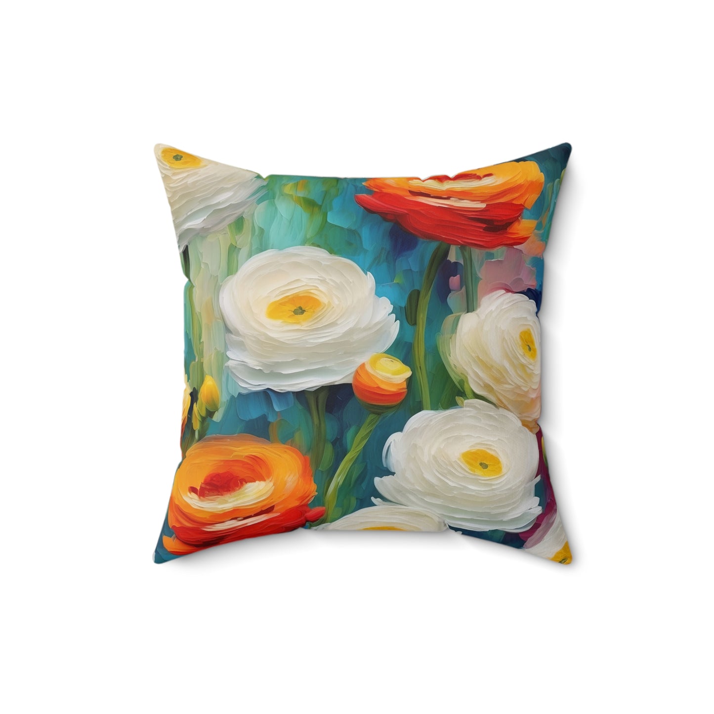 Claude Monet inspired White and Orange Ranunculus Square Pillow