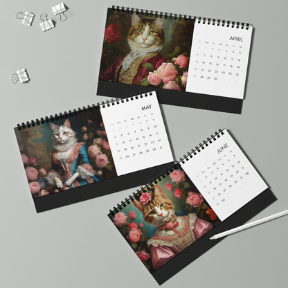 Rococo Noble Cats Desktop Calendar (2025 grid)