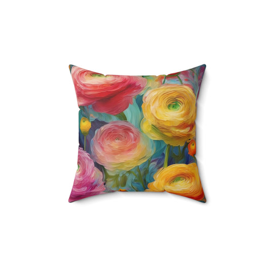 Claude Monet inspired Colorful Ranunculus Square Pillow