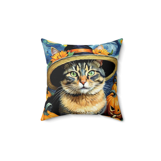 Halloween Van Gogh-Inspired Cat Square Pillow