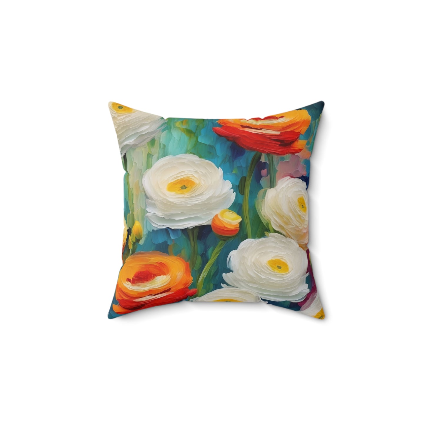 Claude Monet inspired White and Orange Ranunculus Square Pillow