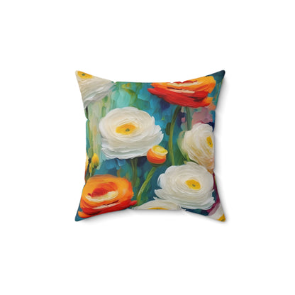 Claude Monet inspired White and Orange Ranunculus Square Pillow