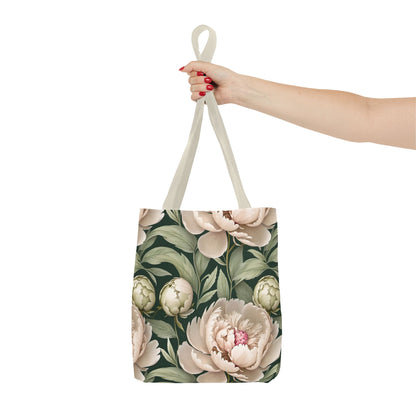 Large Watercolor Peonies on Green Background Tote Bag