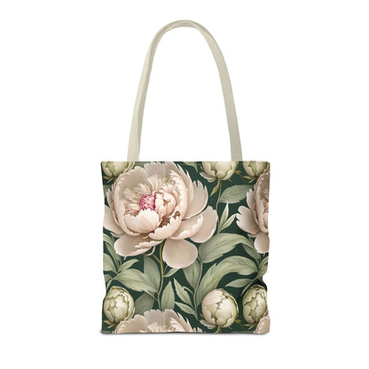 Large Watercolor Peonies on Green Background Tote Bag