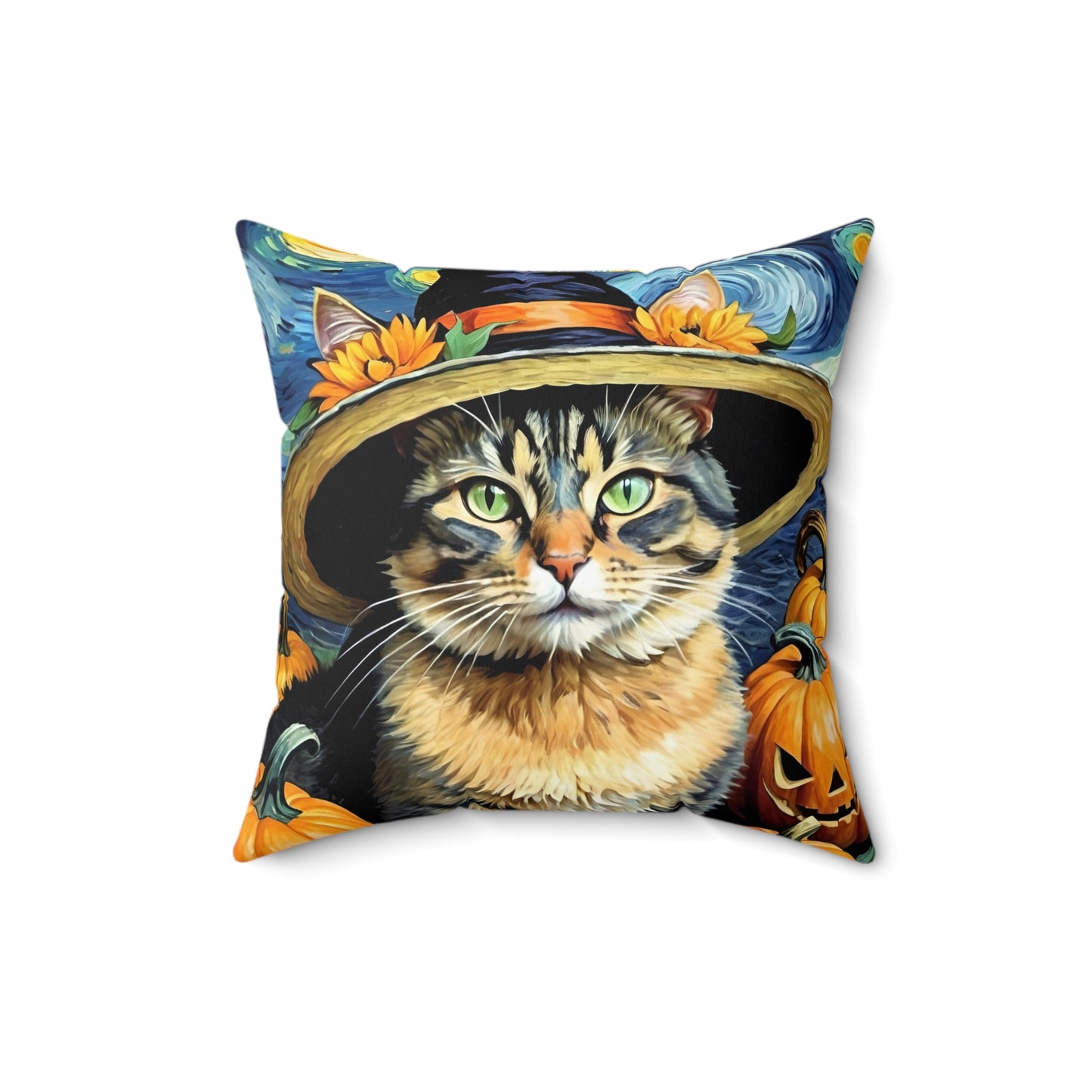 Halloween Van Gogh-Inspired Cat Square Pillow