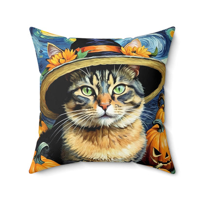 Halloween Van Gogh-Inspired Cat Square Pillow
