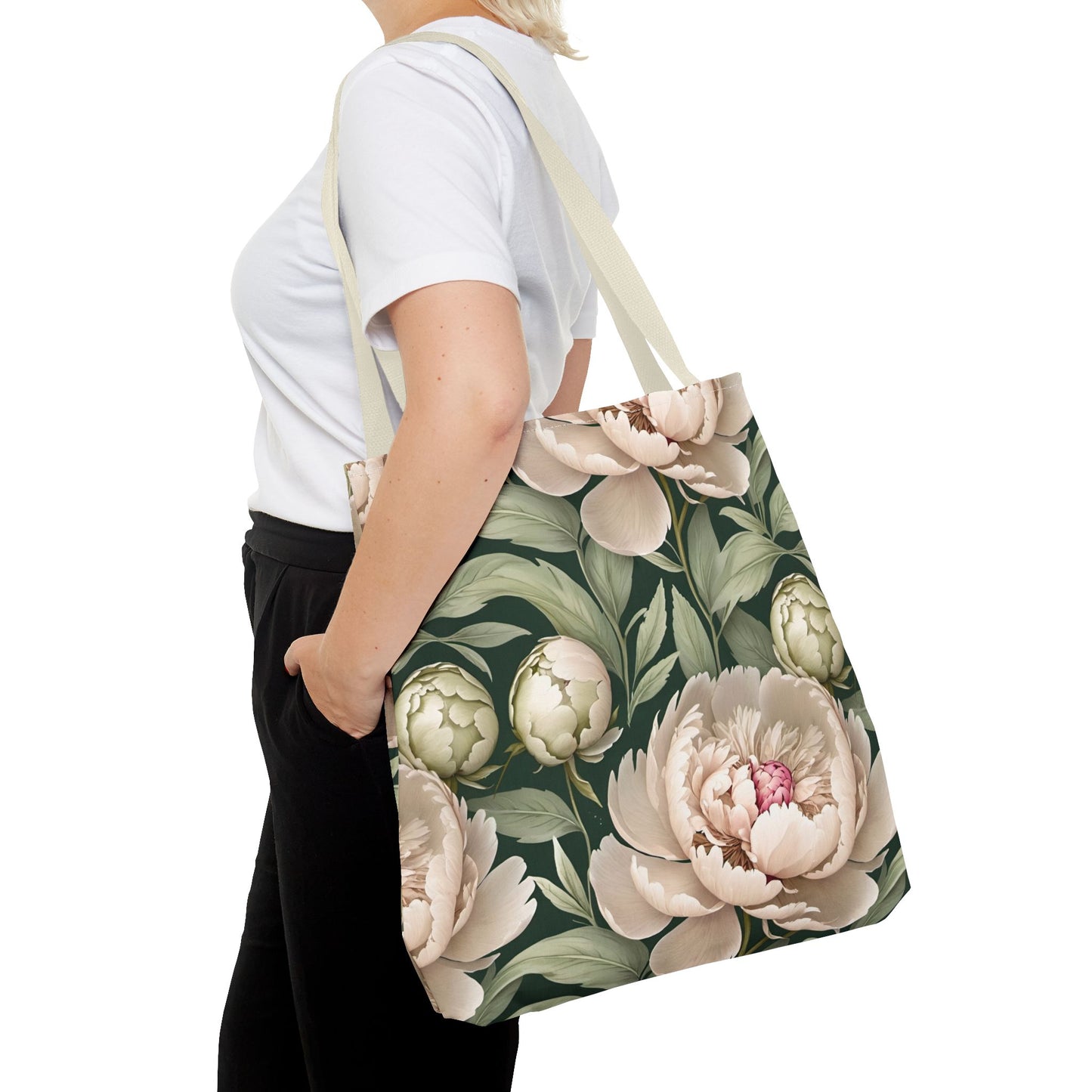 Large Watercolor Peonies on Green Background Tote Bag