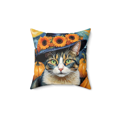 Halloween Van Gogh-Inspired Cat Square Pillow