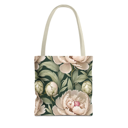 Large Watercolor Peonies on Green Background Tote Bag