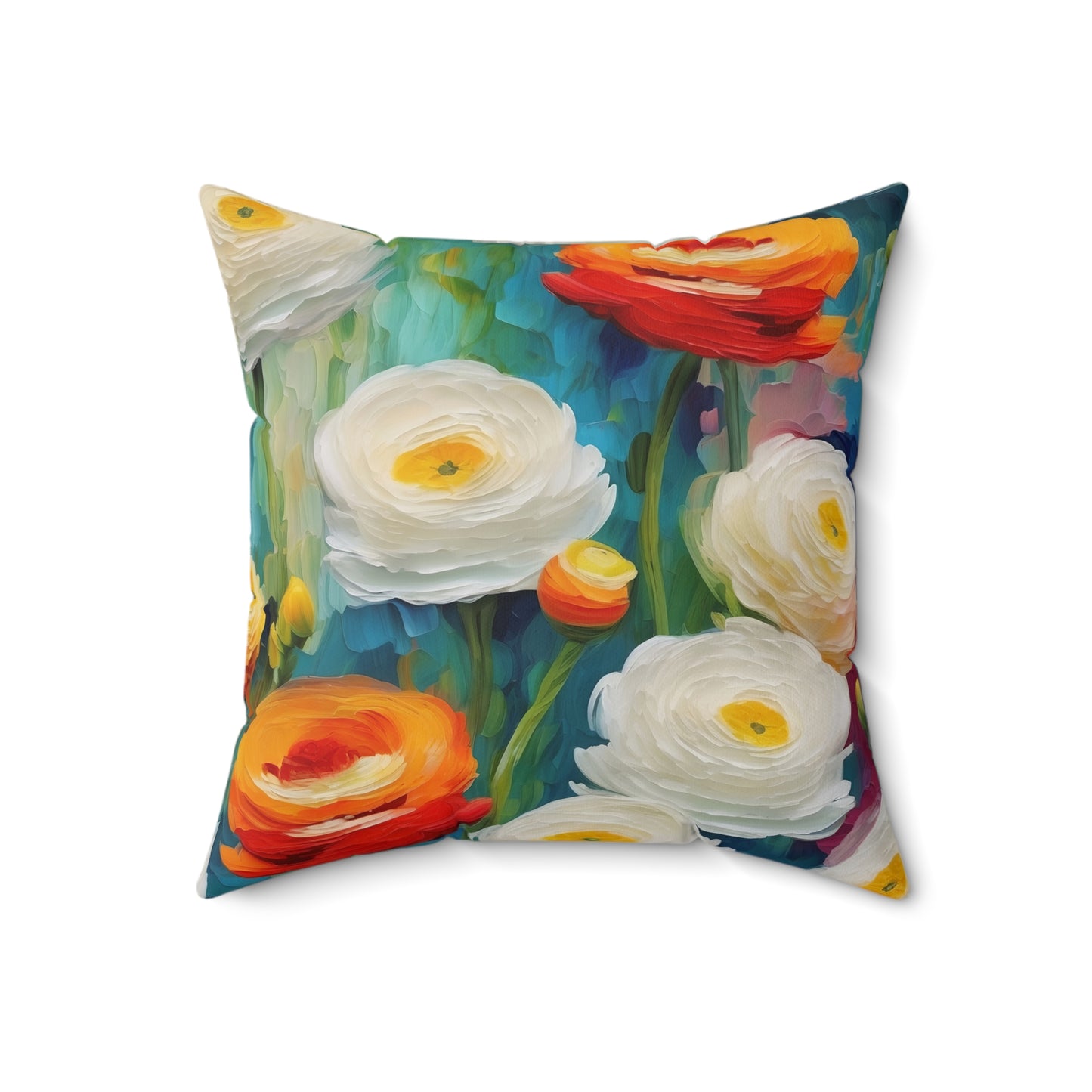 Claude Monet inspired White and Orange Ranunculus Square Pillow