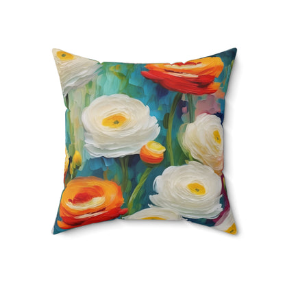 Claude Monet inspired White and Orange Ranunculus Square Pillow