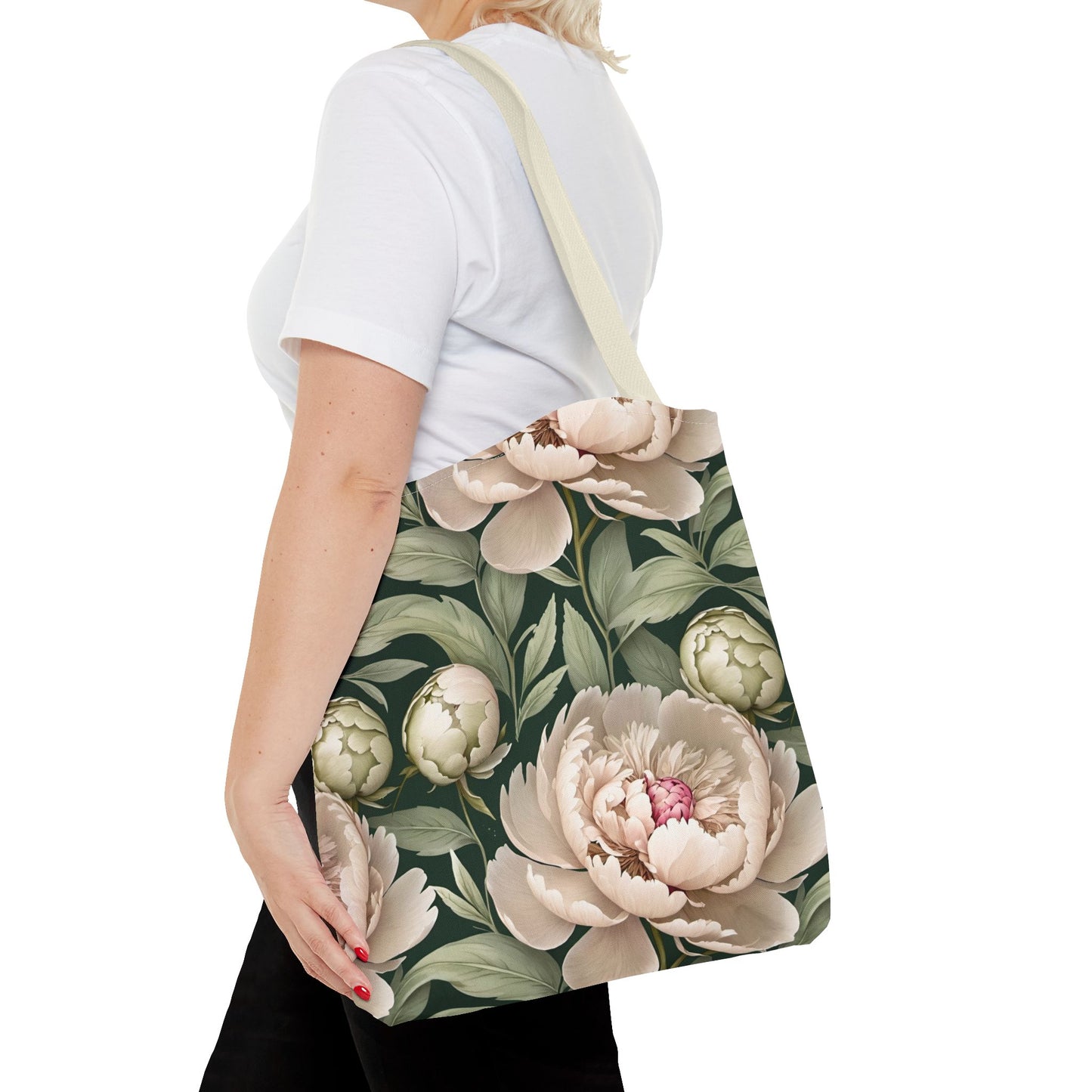 Large Watercolor Peonies on Green Background Tote Bag