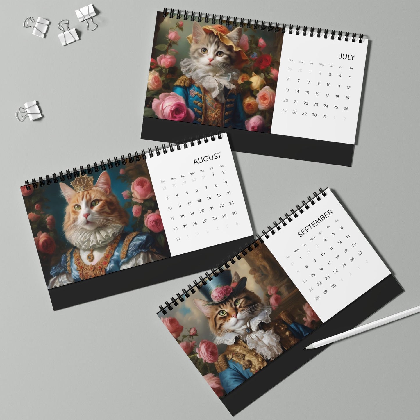 Rococo Noble Cats Desktop Calendar (2025 grid)