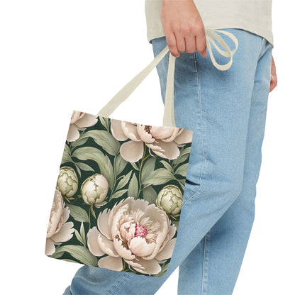 Large Watercolor Peonies on Green Background Tote Bag