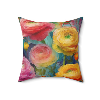 Claude Monet inspired Colorful Ranunculus Square Pillow