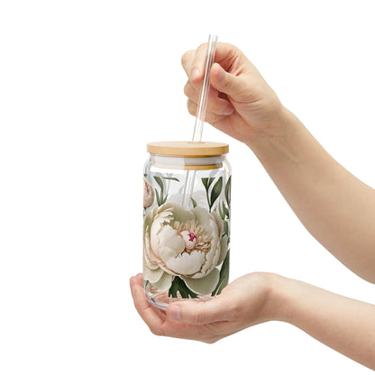 Watercolor Large Peonies Sipper Glass, 16oz