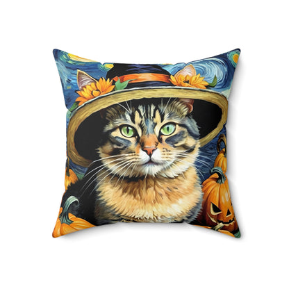 Halloween Van Gogh-Inspired Cat Square Pillow